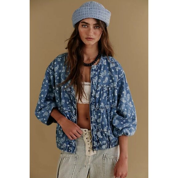 Free People Layla Printed Denim Jacket Womens S Floral Vintage Boho Festival 90s - Picture 1 of 7